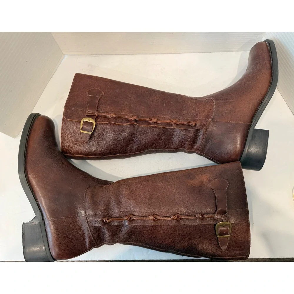 NICOLE Brown Leather Braided Buckle Tall Equestrian Zip Up‎ Riding Boots 9.5M